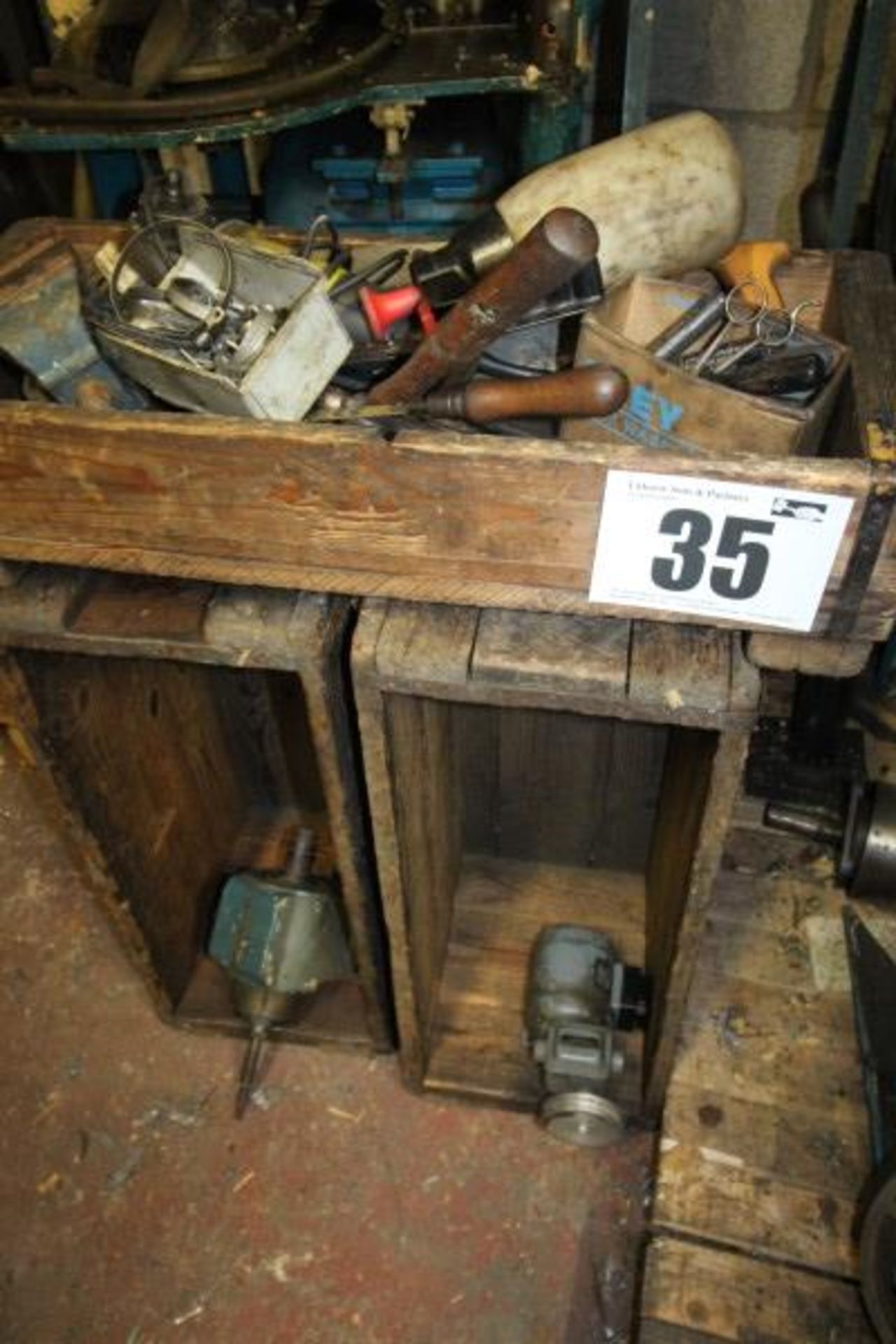 2 WOODEN AMO CHESTS, 1 SMALLER CHEST & CONTENTS OF HAND TOOLS & MISC. INC. MACHINE SPINDLE &