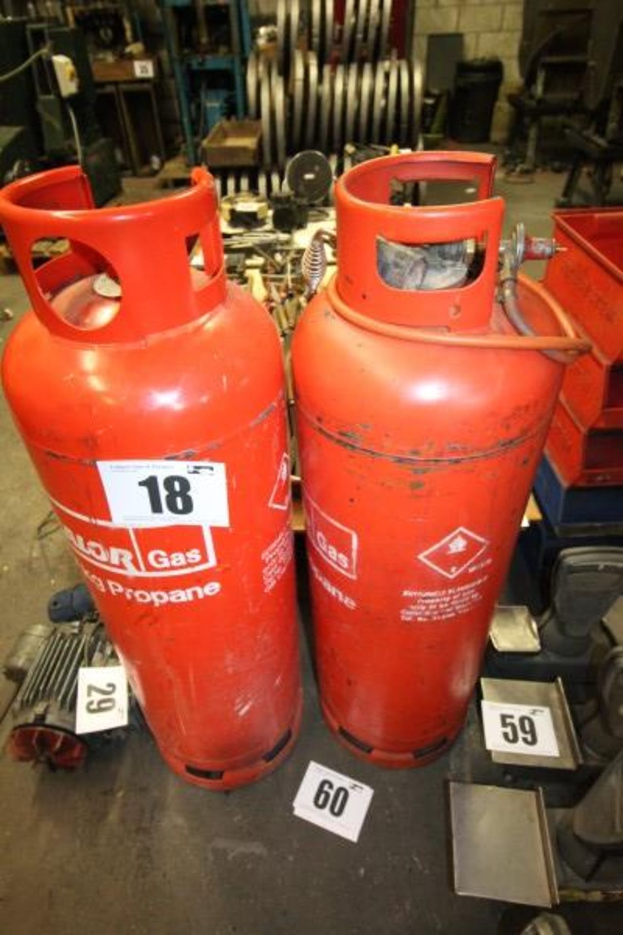 CONTENTS OF 2 BOTTLES OF PROPANE GAS 47KG, REGULATOR & WARMING TORCH (CONTENTS OF BOTTLES ONLY - NOT