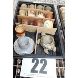 TRAY & CONTENTS OF 13 PEDESTAL & TUB EGG CUPS INC. EBONY & HORN BAKERLITE.