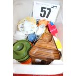 BOX & CONTENTS OF APPROX. 47 PLASTIC TRAY EGG CUPS IN VARIOUS STYLES.