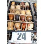 TRAY OF 20 WOODEN PEDESTAL EGG CUPS.