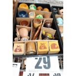 TRAY & CONTENTS OF 17 WOODEN TUB EGG CUPS & EGGS - ANIMAL STYLE.