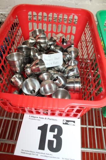 PLASTIC BOX & CONTENTS OF APPROX. 42 STAINLESS STEEL EGG CUPS.