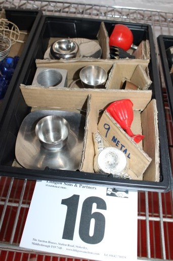 TRAY & CONTENTS OF 9 VARIOUS STYLE METAL EGG CUPS INC. CUPS WITH TRAYS & RED PAINTED.