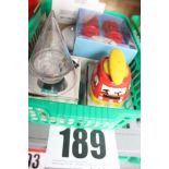 GREEN BOX & CONTENTS OF EGG CUP SETS INC. 4 FIRE BUCKET SET, RNLI CAMPER VAN & STEMMED TWIN.