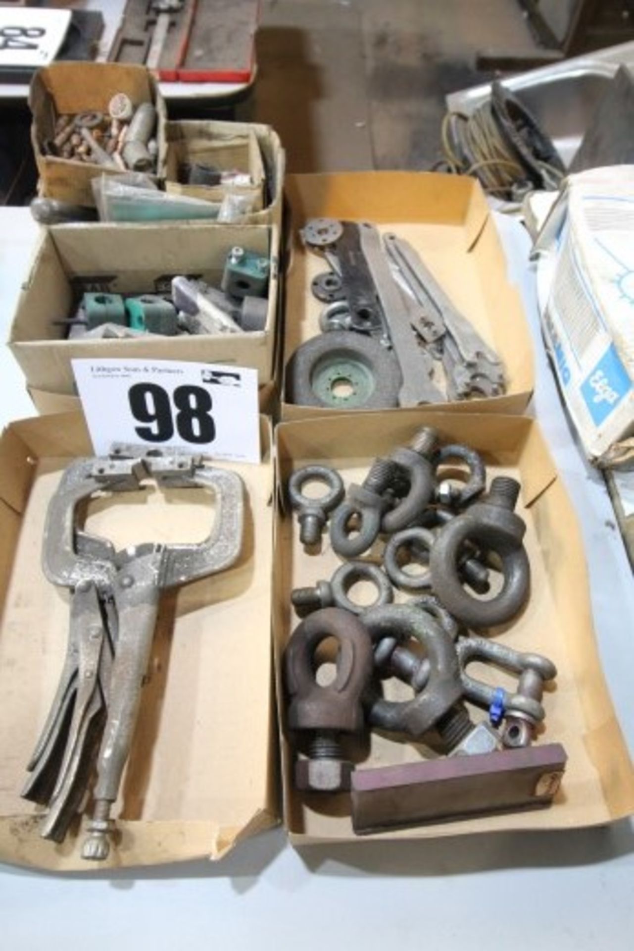 4 BOXES & CONTENTS OF LIFTING EYES, WELDING CLAMPS, SPANNERS & WELDING NOZZLES