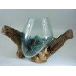 Driftwood sculpture with blown glass bowl