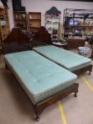 Two French Mahogany single beds with bases and one single mattress