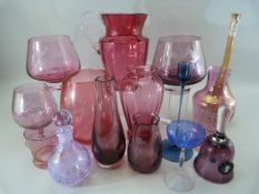 Selection of coloured glassware to include Caithness, Mdina and Antique cranberry glassware