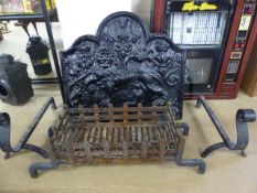 Antique style fire back with dog grate and fire dogs