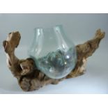 Driftwood sculpture with blown glass bowl