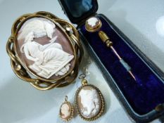 Selection of Cameos to include a Tiepin in original case, two pendants and a large Pinchbeck Cameo