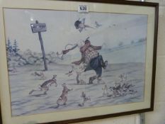 Framed comedic Print of a Hunter besieged by rabbits