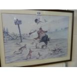 Framed comedic Print of a Hunter besieged by rabbits