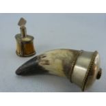 Horn oil bottle and a horn powder flask both with silver coloured metal detail
