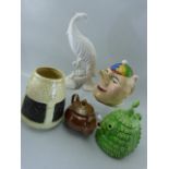Devonmoor pottery comical jug, Sadler lady teapot, Brown glazed teapot and two other pieces
