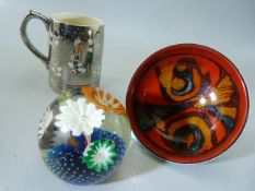 Poole Pottery Delphis bowl, Unusual glass paperweight and a Keith Murray for Wedgwood silver