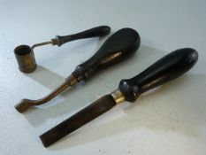 Gunsmiths tools to include Powder Measure, Nipple wrench and screwdriver each with ebonised wooden