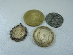 Coin to include a 1920 Half Crown, Louis XIV German Pfenning A/F, 1931 Three Pence mounted and a