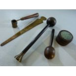 Gunsmiths tools to include a Powder measure (possibly French), two wooden pistol ram rods, a