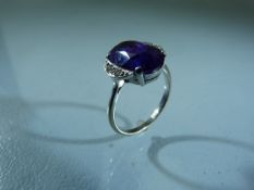 9ct White Gold art deco style ring set with large Royal purple Amethyst and with shoulders of a