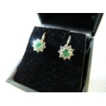 9ct white gold emerald and diamond daisy style earrings with screw backs