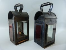 Antique Railway lamps - near pair with three glass panels to each