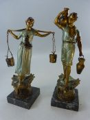 Pair of cold painted Spelter figures on marble plinths. Lady and man carrying water buckets.