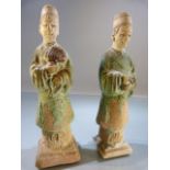 Oriental Terracotta men MING burial guardians- Simplistic features with celedon glaze. Glaze has