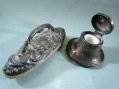 Hallmarked silver inkwell and a silver topped blotter