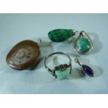 Costume - Malachite set pendant, three others and a silver ring.