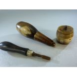 Gunsmiths tools to include: A horn Powder Flask with a Horn percussion cap box and a Horn handled