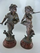 19th Century French Bronzed Spelter figures of boys carrying fruit on circular plinths by the