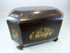 Chinese Black lacquer tea caddy with gold decorative panels with central fitments, two caddies