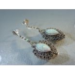 Pair of silver (925) marcasite and opal Art Deco-style drop earrings