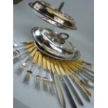 Two Mappin and Webb Silverplated tureens along with quality bone handled cutlery