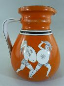 Victorian Ashworth jug 'Combat between Hector and Ajax'. Orange ground with White decorations. No.
