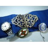 Nurses items to include Silver hallmarked nurses buckle on belt; Ingersol nurses watch, silver "