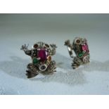 Pair of bejewelled Silver 925 frog earrings, set with various precious stones.