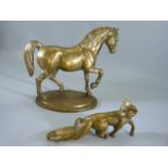 Brass horse on plinth along with a fox