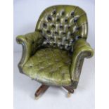 Antique Green leather button back Captains swivel chair