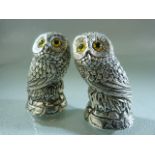 Pair of owl-shaped condiments with glass eyes stamped 800. Weight approx 104.5g