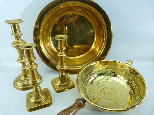 Antique brassware to include a brass and copper sive with turned wooden handle, three candlesticks - Image 2 of 7