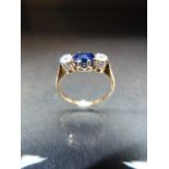 Three stone sapphire and diamond ring - Poss 18ct but hallmark rubbed