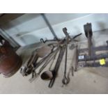Victorian cast iron Toasting fork and one other, Kettle Hook etc
