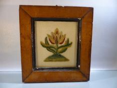 Early silk needlepoint of a lotus flower (c.1800's) framed and glazed in an antique mahogany Regency