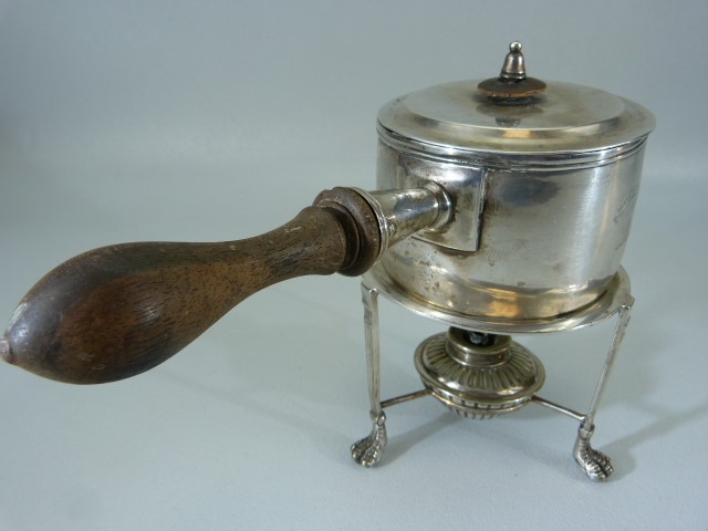 Silverplated Brandy Warmer/ Sauce warmer on trivet. Trivet with claw feet and original burner - Image 4 of 8