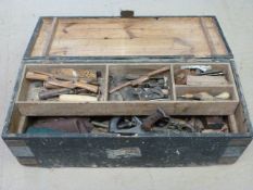 Antique pine carpenters chest containing large selection of vintage and antique wooden handled