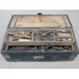 Antique pine carpenters chest containing large selection of vintage and antique wooden handled