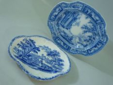 Blue and White pearlware trinket dish depicting a farming scene along with one other